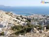Fortification wall of Samos ancient city, from the top of Kastri hill view to southeast Pythagoreion village